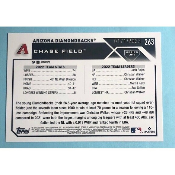 ARIZONA D-Backs  2023Topps Gold Parallel,Team Card #263 Serial #0171/2023 - Picture 2 of 3